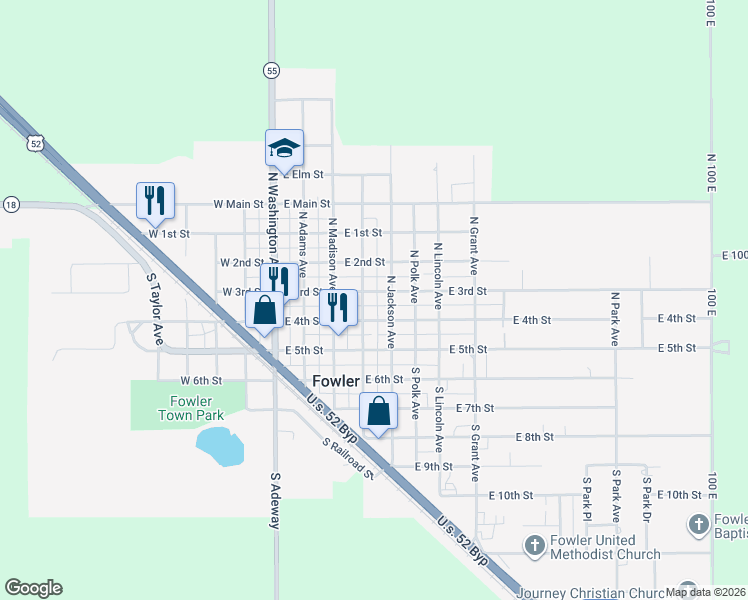 map of restaurants, bars, coffee shops, grocery stores, and more near 401 E 3rd St in Fowler