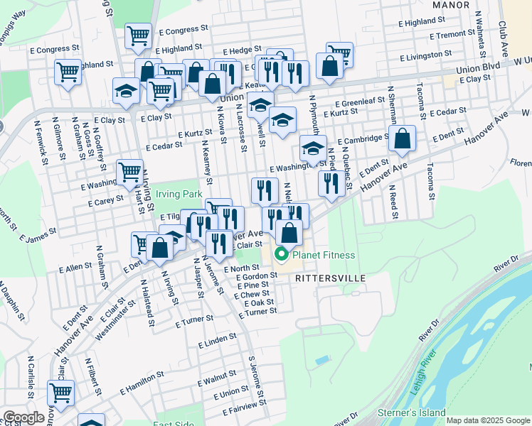 map of restaurants, bars, coffee shops, grocery stores, and more near 705 North Maxwell Street in Allentown