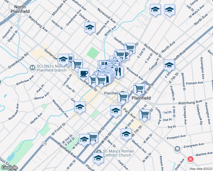 map of restaurants, bars, coffee shops, grocery stores, and more near in Plainfield