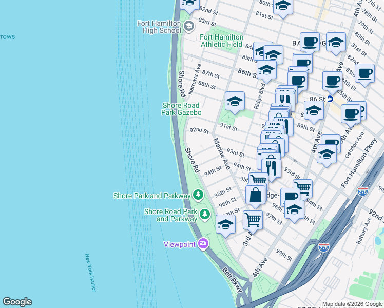 map of restaurants, bars, coffee shops, grocery stores, and more near 9229 Shore Road in Brooklyn