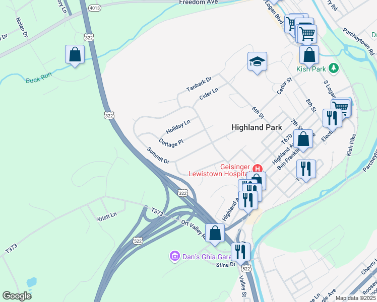 map of restaurants, bars, coffee shops, grocery stores, and more near 334 Summit Drive in Lewistown