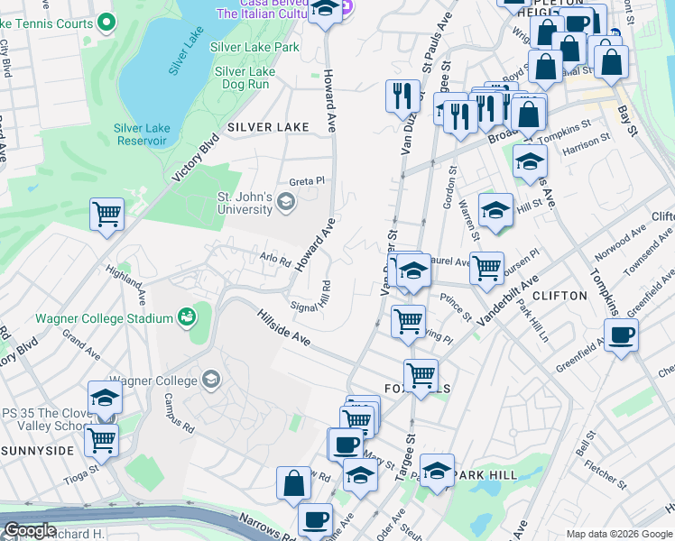 map of restaurants, bars, coffee shops, grocery stores, and more near 45 Park Lane in Staten Island