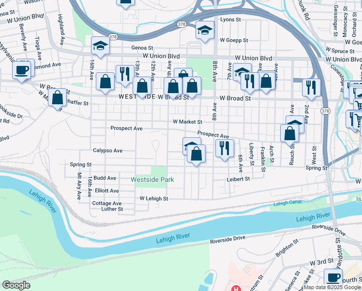 map of restaurants, bars, coffee shops, grocery stores, and more near 1019 Prospect Avenue in Bethlehem