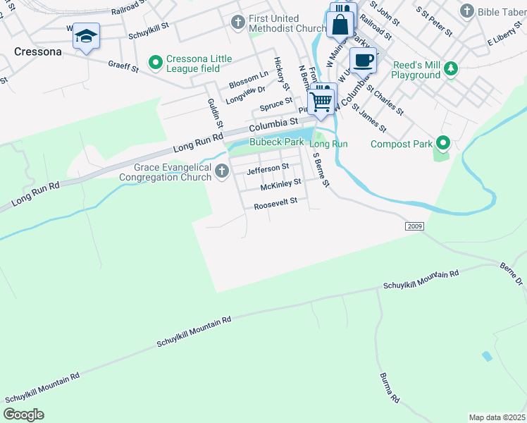 map of restaurants, bars, coffee shops, grocery stores, and more near 201 Roosevelt Street in Schuylkill Haven