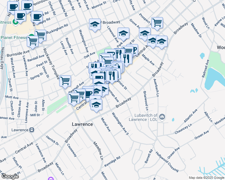 map of restaurants, bars, coffee shops, grocery stores, and more near 80 Columbia Avenue in Cedarhurst