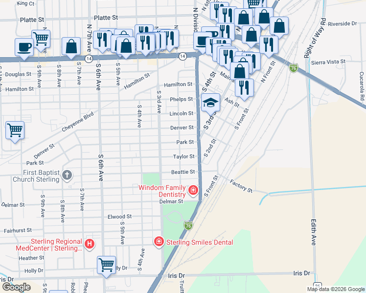 map of restaurants, bars, coffee shops, grocery stores, and more near 208 Park Street in Sterling