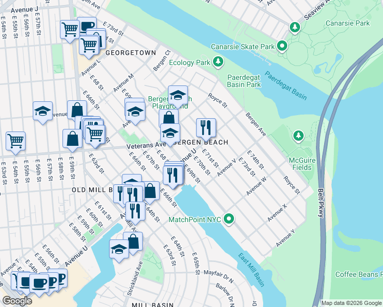 map of restaurants, bars, coffee shops, grocery stores, and more near Avenue U & East 70th Street in Brooklyn