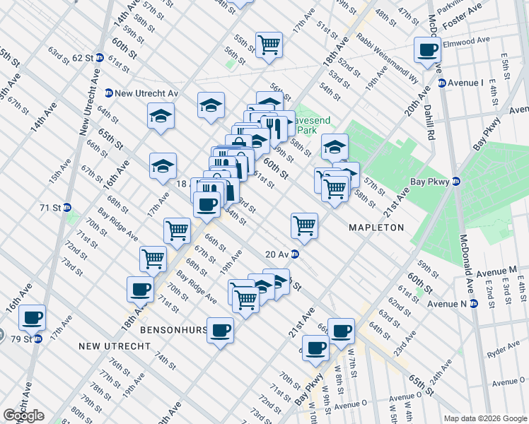 map of restaurants, bars, coffee shops, grocery stores, and more near 1844 62nd Street in Brooklyn