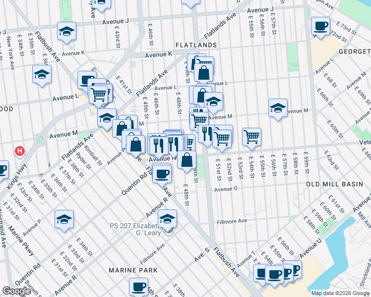 map of restaurants, bars, coffee shops, grocery stores, and more near 1662 East 48th Street in Brooklyn