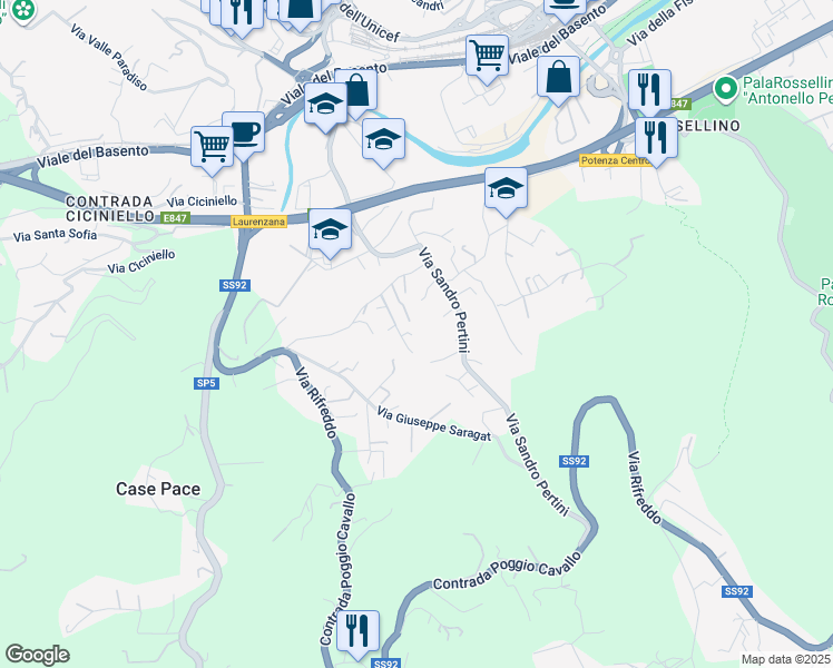 map of restaurants, bars, coffee shops, grocery stores, and more near 15 Via Giovanni Gronchi in Potenza
