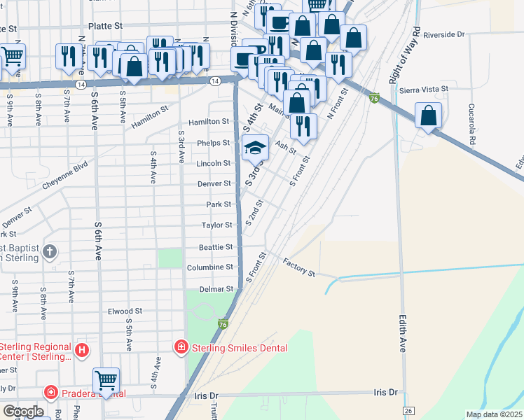 map of restaurants, bars, coffee shops, grocery stores, and more near 402 South 2nd Street in Sterling