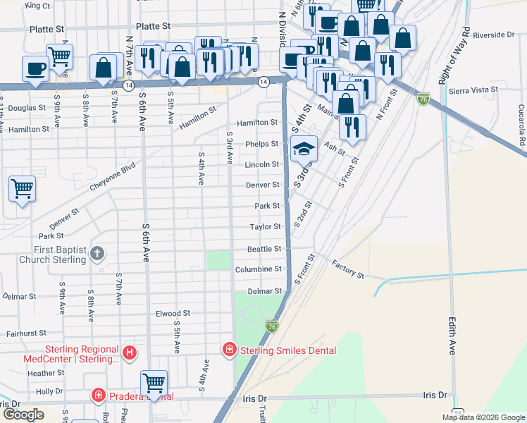 map of restaurants, bars, coffee shops, grocery stores, and more near 208 Park Street in Sterling