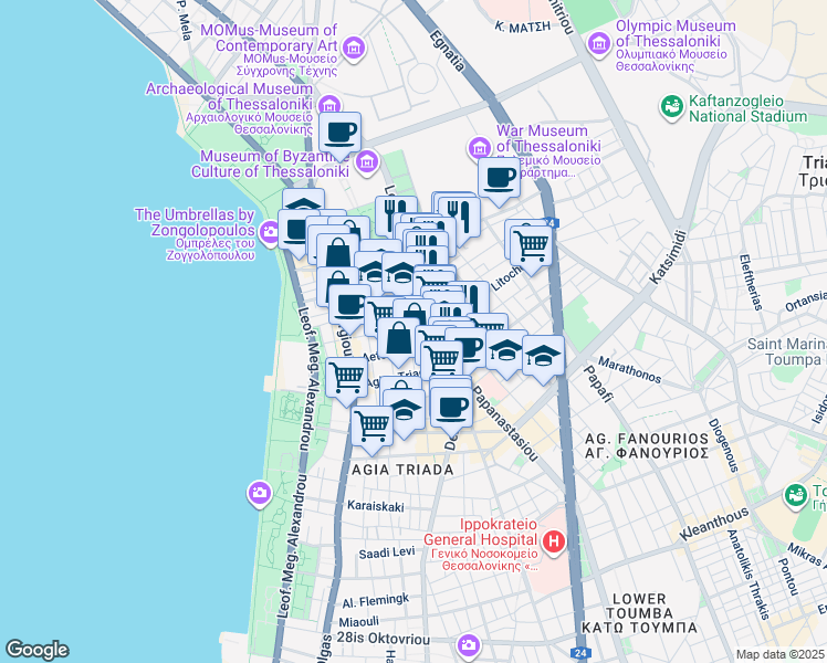 map of restaurants, bars, coffee shops, grocery stores, and more near in Thessaloniki