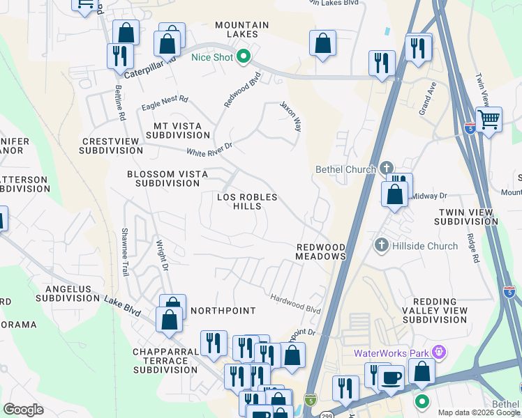 map of restaurants, bars, coffee shops, grocery stores, and more near 878 Redwood Boulevard in Redding