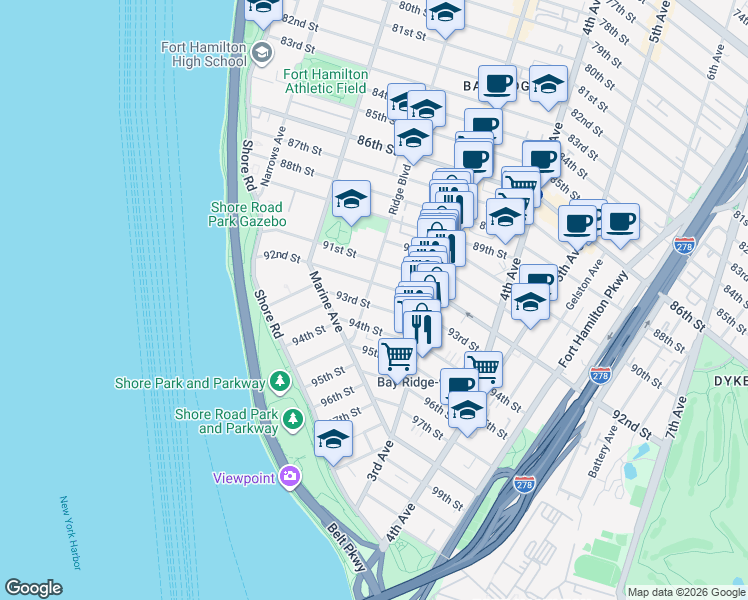 map of restaurants, bars, coffee shops, grocery stores, and more near 9115 Ridge Boulevard in Brooklyn