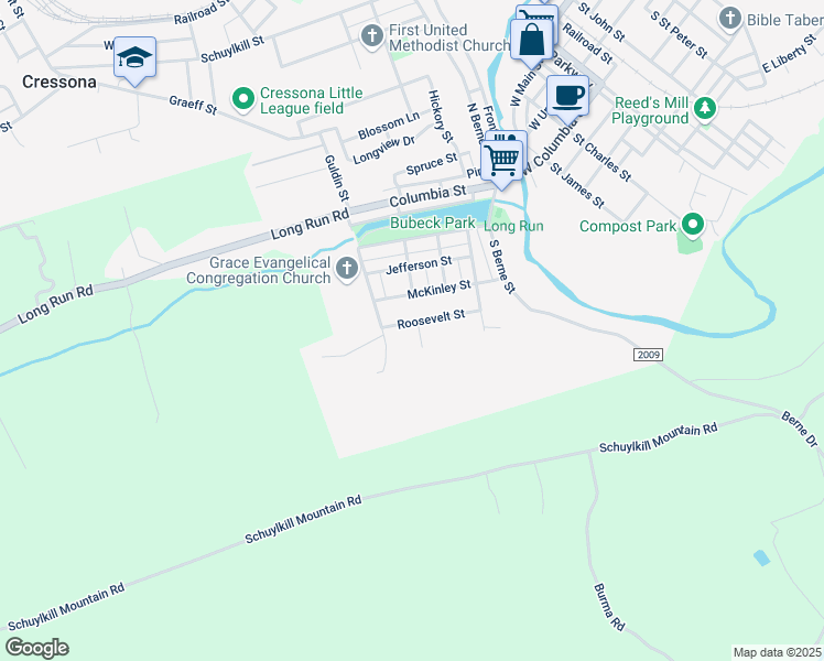 map of restaurants, bars, coffee shops, grocery stores, and more near 201 Roosevelt Street in Schuylkill Haven