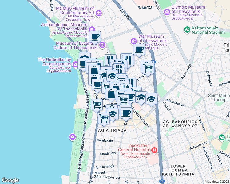 map of restaurants, bars, coffee shops, grocery stores, and more near in Thessaloniki