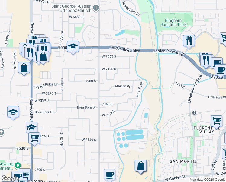 map of restaurants, bars, coffee shops, grocery stores, and more near 1212 West 7230 South in West Jordan