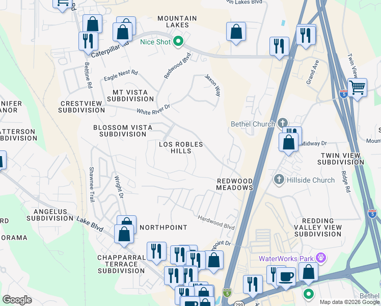 map of restaurants, bars, coffee shops, grocery stores, and more near 878 Redwood Boulevard in Redding