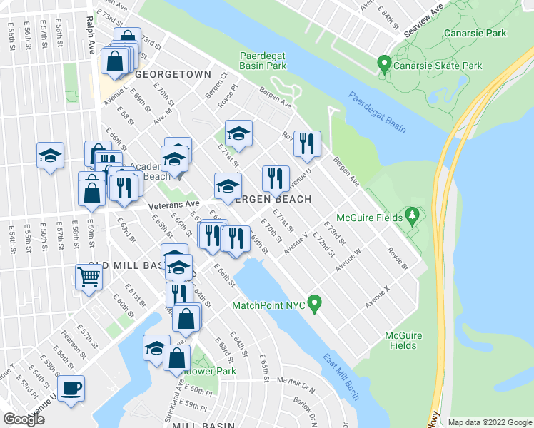map of restaurants, bars, coffee shops, grocery stores, and more near 7007 Avenue U in Brooklyn