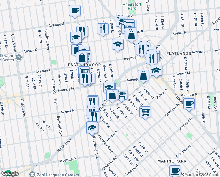 map of restaurants, bars, coffee shops, grocery stores, and more near 3305 Avenue M in Brooklyn