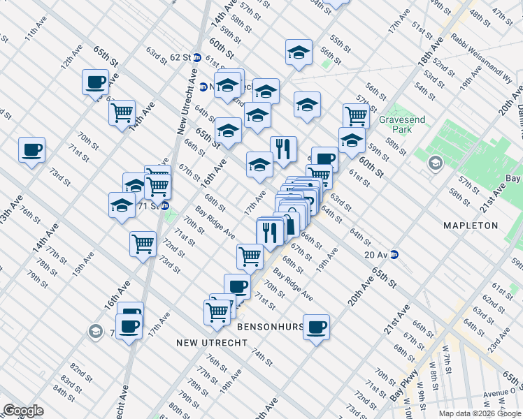 map of restaurants, bars, coffee shops, grocery stores, and more near 6602 17th Avenue in Brooklyn