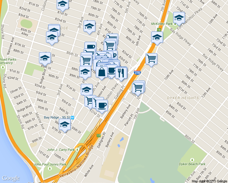 map of restaurants, bars, coffee shops, grocery stores, and more near 8622 Fort Hamilton Parkway in Brooklyn