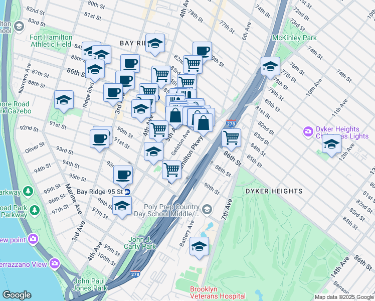 map of restaurants, bars, coffee shops, grocery stores, and more near 8622 Fort Hamilton Parkway in Brooklyn