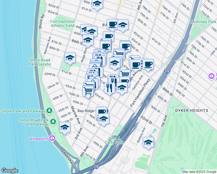 map of restaurants, bars, coffee shops, grocery stores, and more near 345 91st Street in Brooklyn