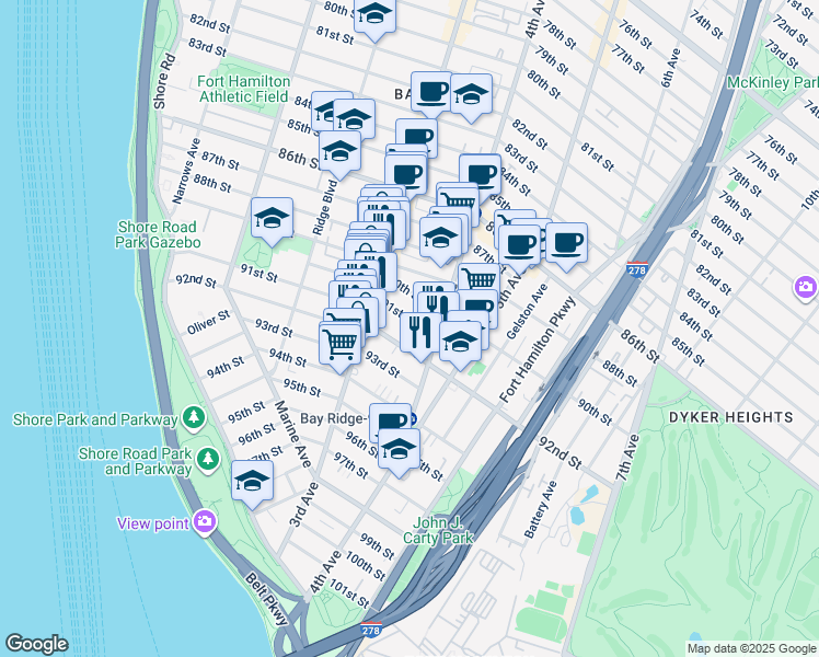 map of restaurants, bars, coffee shops, grocery stores, and more near 345 91st Street in Brooklyn