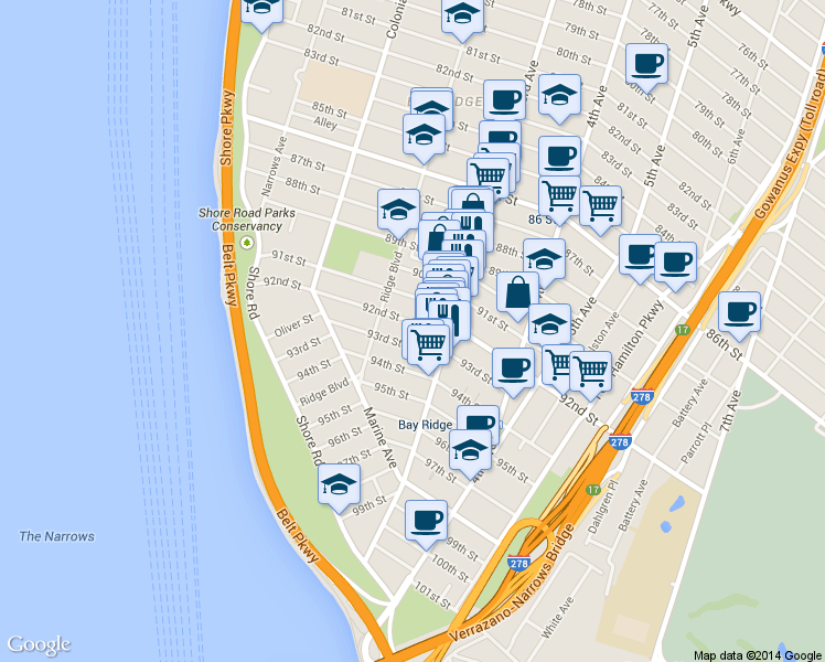 map of restaurants, bars, coffee shops, grocery stores, and more near 240 91st Street in Brooklyn