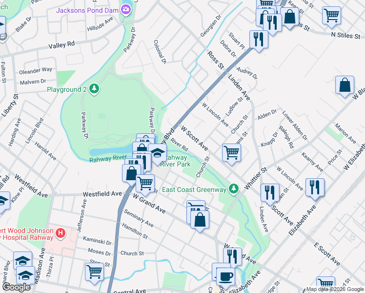 map of restaurants, bars, coffee shops, grocery stores, and more near 774 West Scott Avenue in Rahway