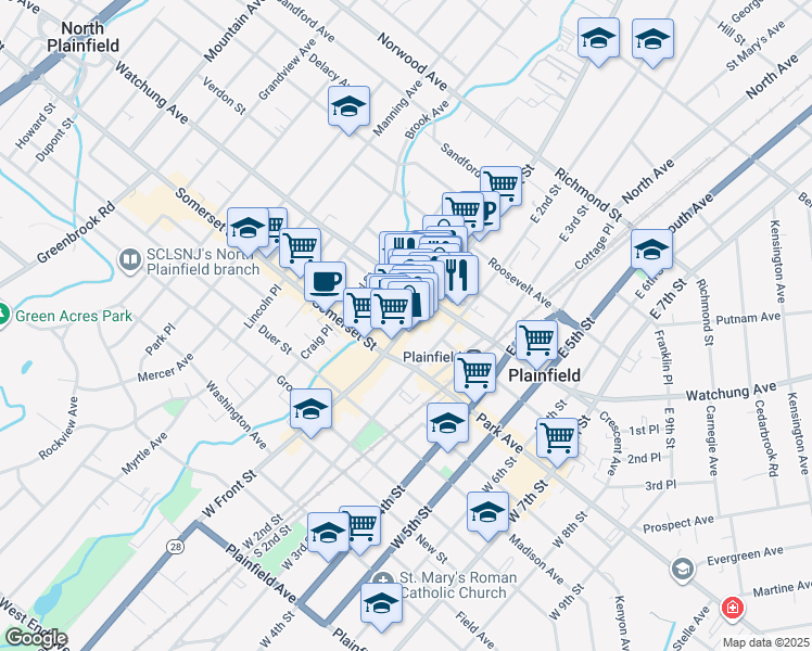 map of restaurants, bars, coffee shops, grocery stores, and more near in Plainfield