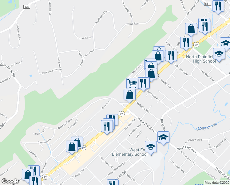 map of restaurants, bars, coffee shops, grocery stores, and more near 468 West End Avenue in North Plainfield