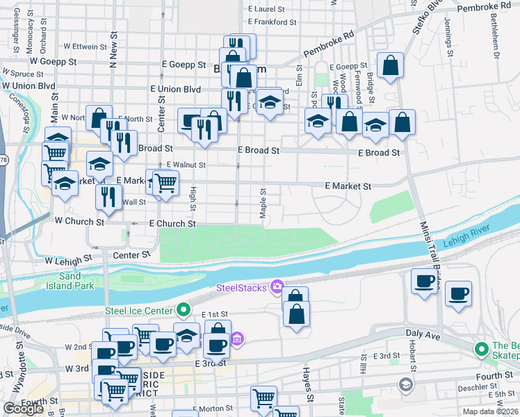 map of restaurants, bars, coffee shops, grocery stores, and more near 450 Maple Street in Bethlehem