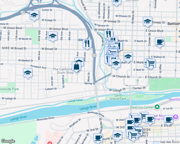 map of restaurants, bars, coffee shops, grocery stores, and more near 417 1st Avenue in Bethlehem