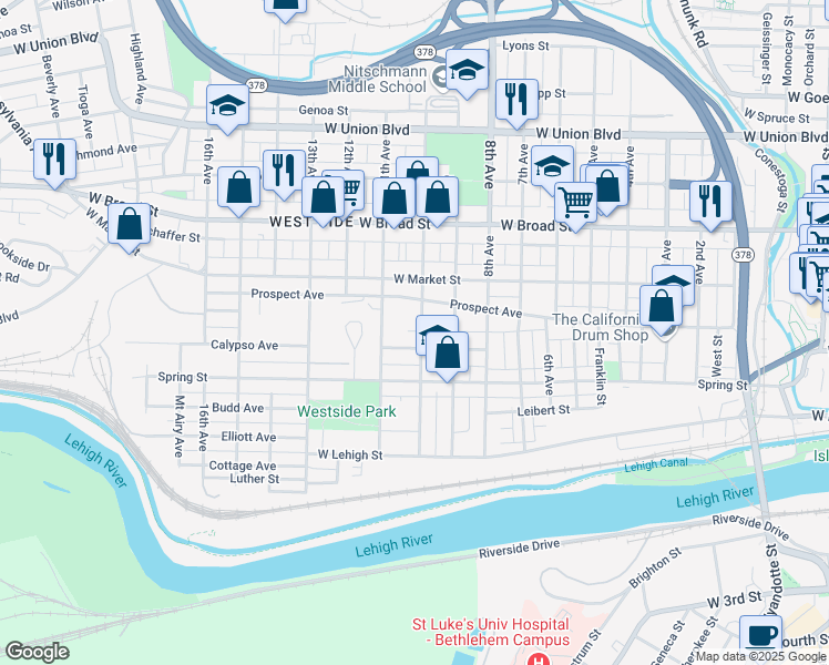 map of restaurants, bars, coffee shops, grocery stores, and more near 1019 Prospect Avenue in Bethlehem