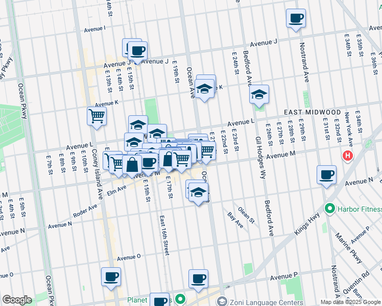 map of restaurants, bars, coffee shops, grocery stores, and more near 1271 East 19th Street in Brooklyn