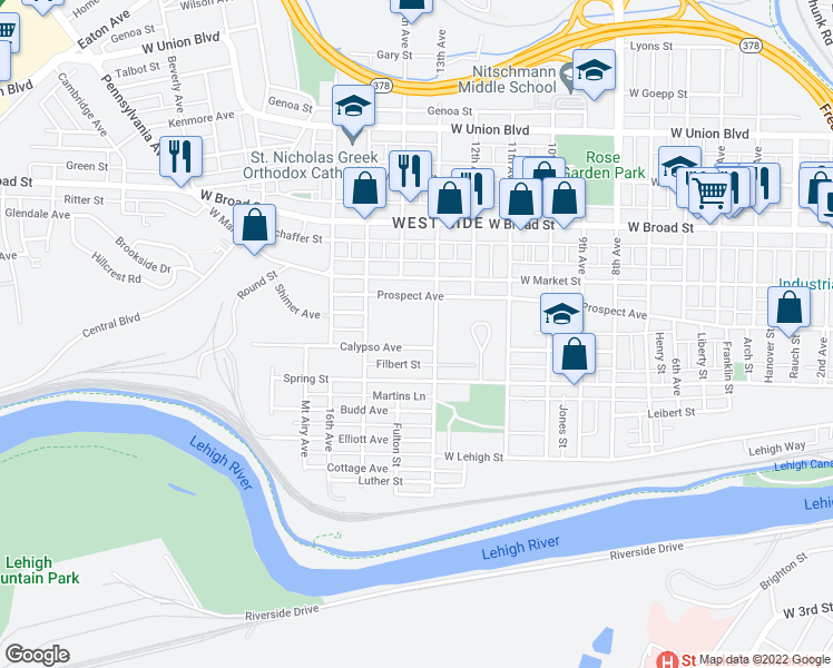 map of restaurants, bars, coffee shops, grocery stores, and more near 335 13th Avenue in Bethlehem