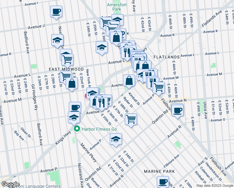 map of restaurants, bars, coffee shops, grocery stores, and more near 3606 Avenue M in Brooklyn