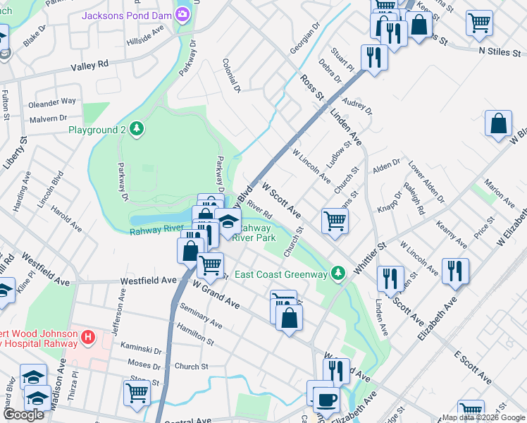 map of restaurants, bars, coffee shops, grocery stores, and more near 774 West Scott Avenue in Rahway