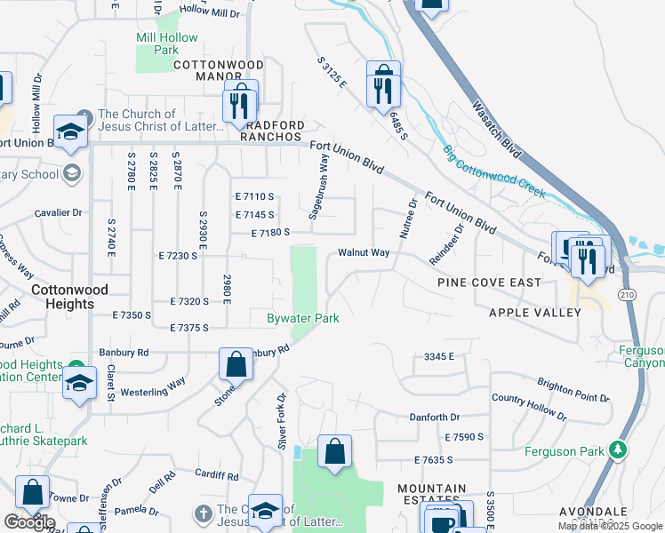 map of restaurants, bars, coffee shops, grocery stores, and more near 7253 South Walnut Way in Cottonwood Heights