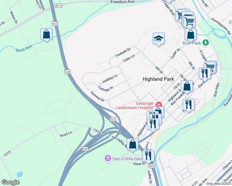 map of restaurants, bars, coffee shops, grocery stores, and more near 334 Summit Drive in Lewistown