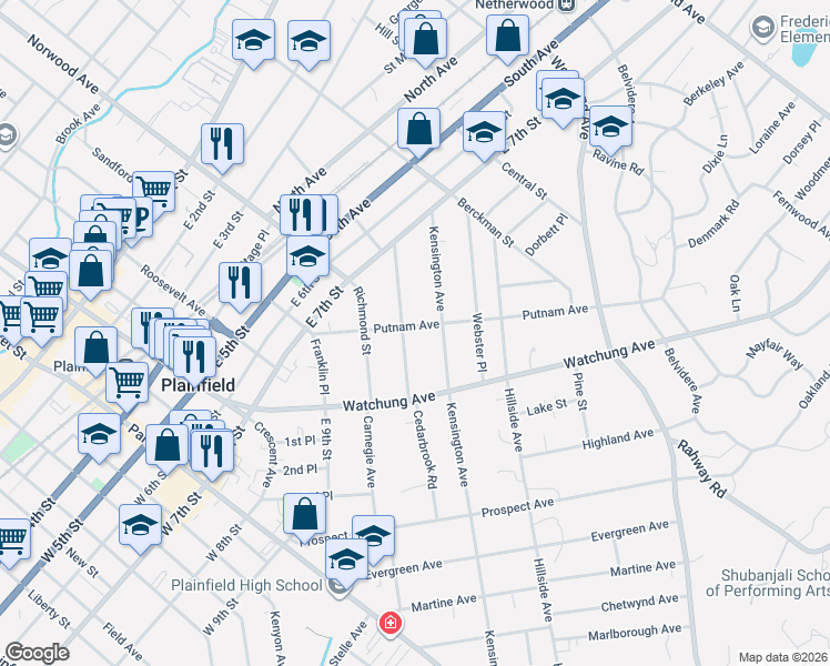 map of restaurants, bars, coffee shops, grocery stores, and more near 1104 Putnam Avenue in Plainfield