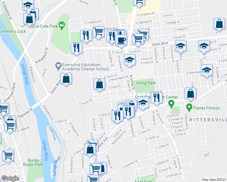 map of restaurants, bars, coffee shops, grocery stores, and more near 733 East Green Street in Allentown