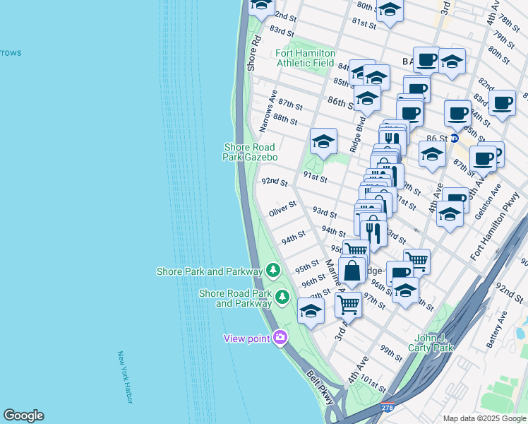 map of restaurants, bars, coffee shops, grocery stores, and more near 9255 Shore Road in Brooklyn