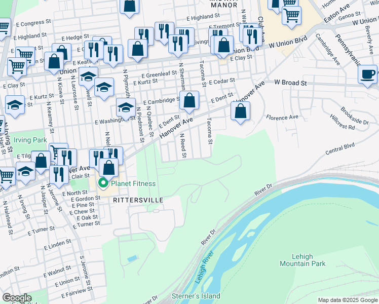 map of restaurants, bars, coffee shops, grocery stores, and more near 616 North Sherman Street in Allentown