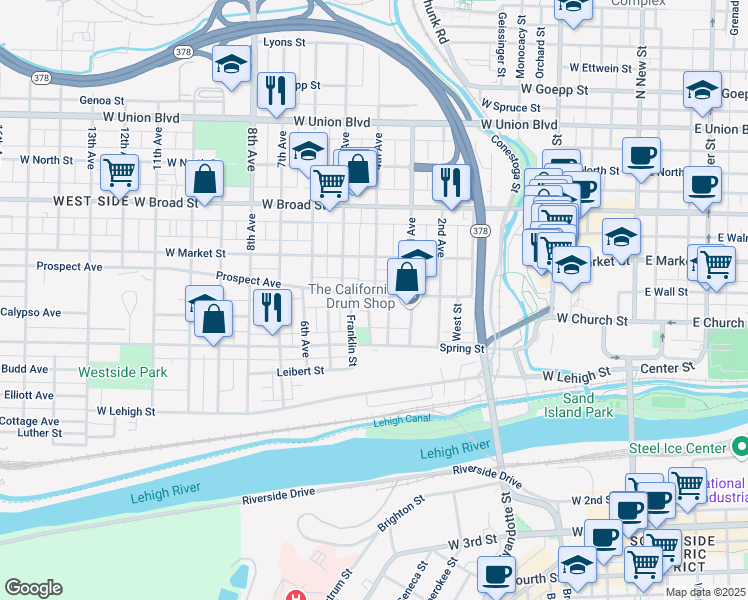 map of restaurants, bars, coffee shops, grocery stores, and more near 511 Prospect Avenue in Bethlehem