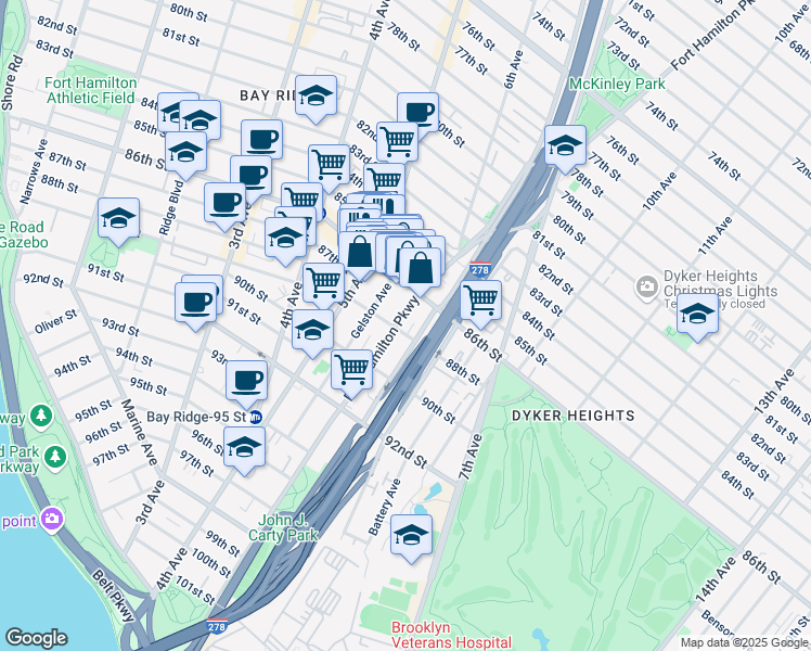 map of restaurants, bars, coffee shops, grocery stores, and more near 8637 Fort Hamilton Parkway in Brooklyn