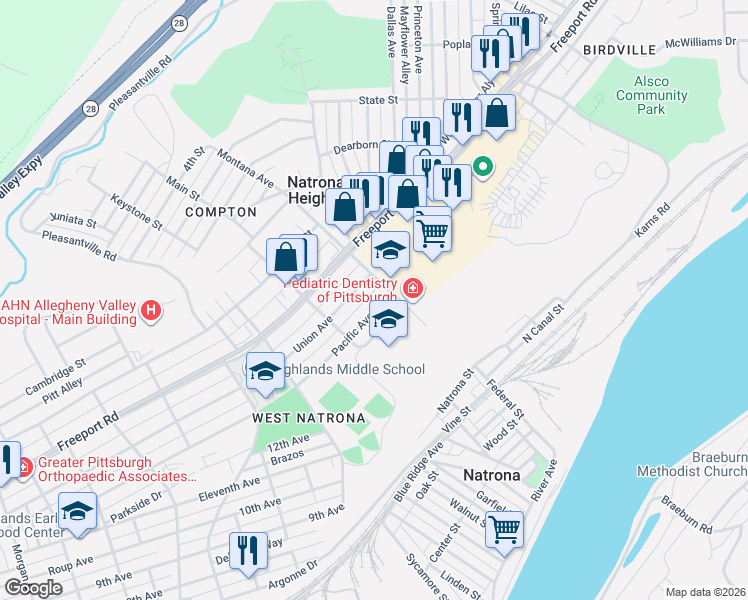 map of restaurants, bars, coffee shops, grocery stores, and more near 1521 Union Avenue in Natrona Heights